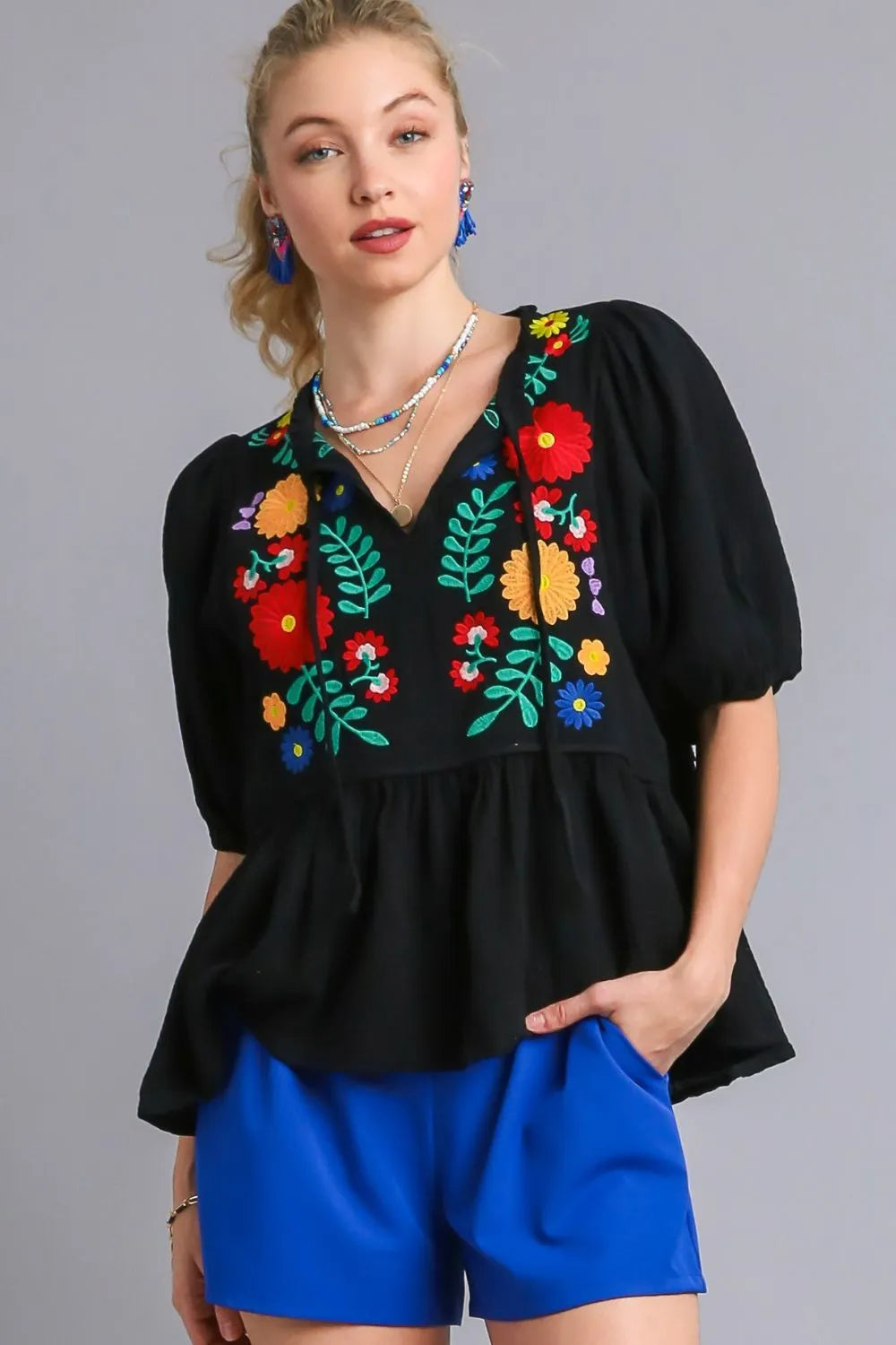 Umgee Full Size Cotton Gauze Floral Embroidery Babydoll Blouse Plus Size - LoveNest Treasures