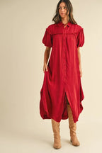 Annie Wear Mineral Washed Button Down Puff Sleeve Shirt Dress - LoveNest Treasures