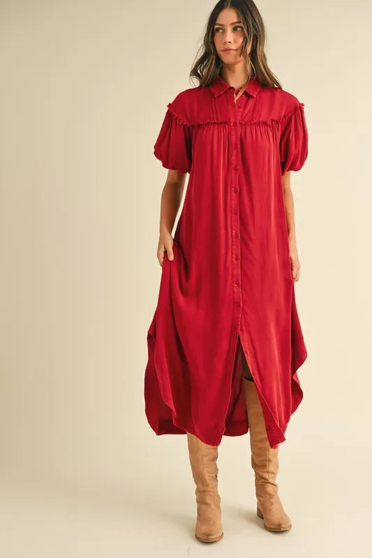 Annie Wear Mineral Washed Button Down Puff Sleeve Shirt Dress - LoveNest Treasures