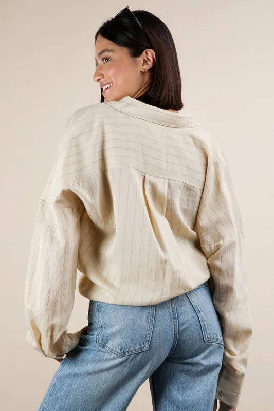 VERY J Full Size Oversized Striped Button Down Shirt Top Plus Size - LoveNest Treasures
