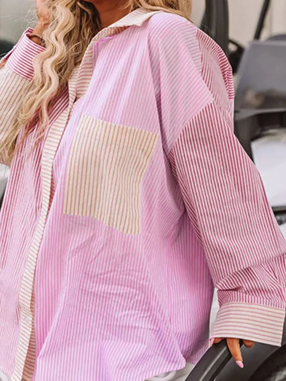 Plus Size Striped Collared Neck Long Sleeve Shirt - LoveNest Treasures