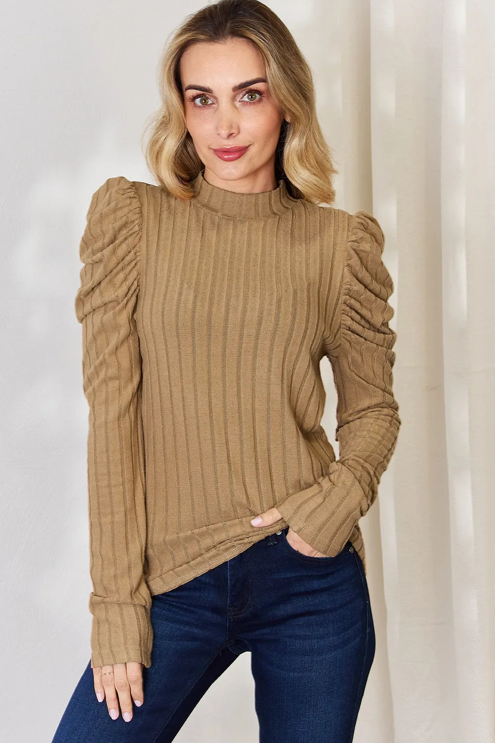Basic Bae Full Size Ribbed Mock Neck Puff Sleeve T-Shirt - LoveNest Treasures