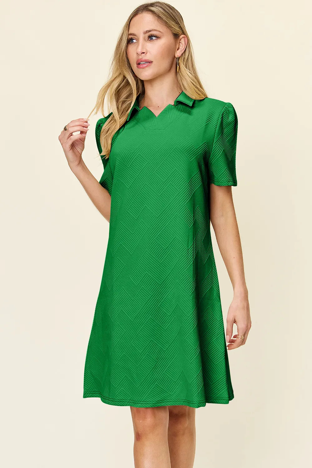 Double Take Full Size Texture Collared Neck Short Sleeve Dress - LoveNest Treasures