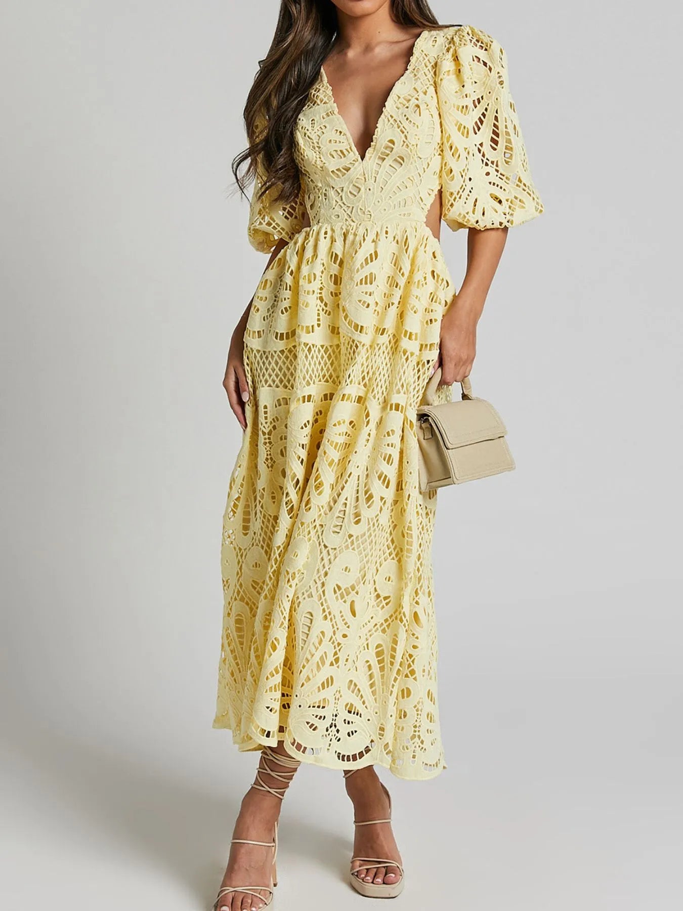 Cutout Back Lace Crochet V-Neck Dress - LoveNest Treasures