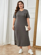 Plus Size Pocketed V-Neck Short Sleeve Lounge Dress - LoveNest Treasures