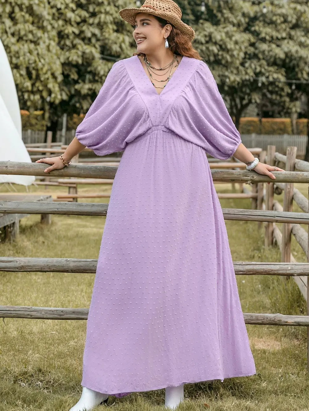 Plus Size Swiss Dot V-Neck Midi Dress - LoveNest Treasures
