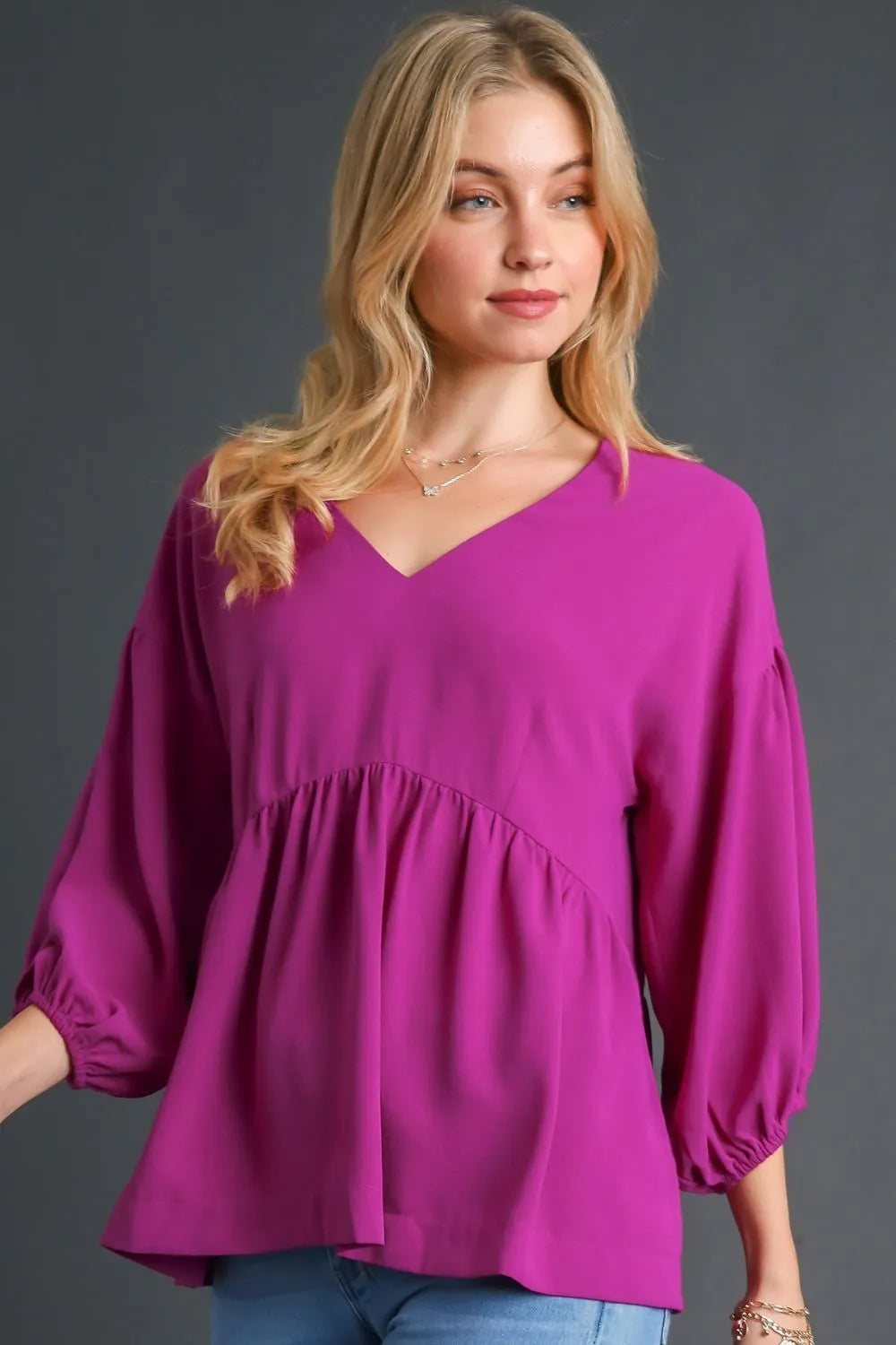 Umgee Full Size V-Neck Puffed 3/4 Sleeve Babydoll Blouse Plus Size - LoveNest Treasures