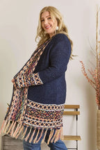 ADORA Full Size Fringe Hem Aztec Border Cardigan Plus Size - LoveNest Treasures
