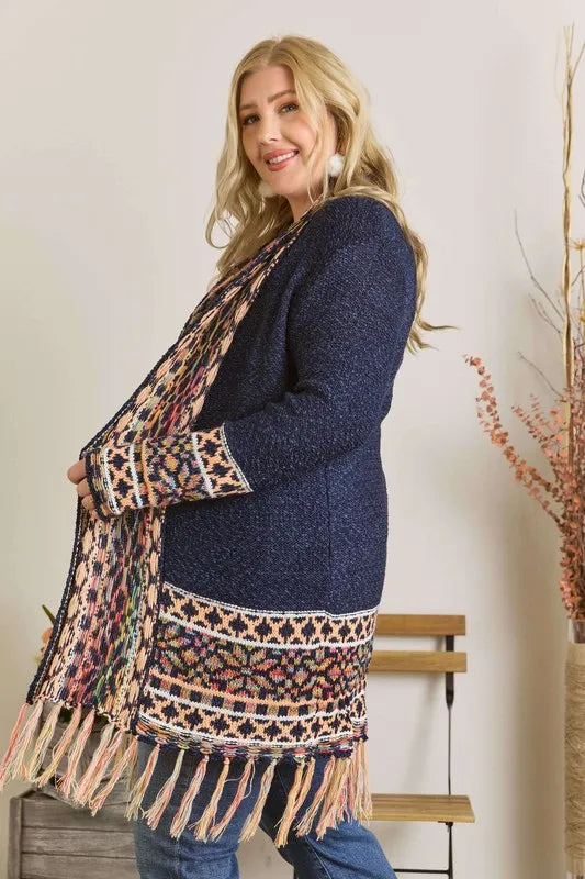 ADORA Full Size Fringe Hem Aztec Border Cardigan Plus Size - LoveNest Treasures