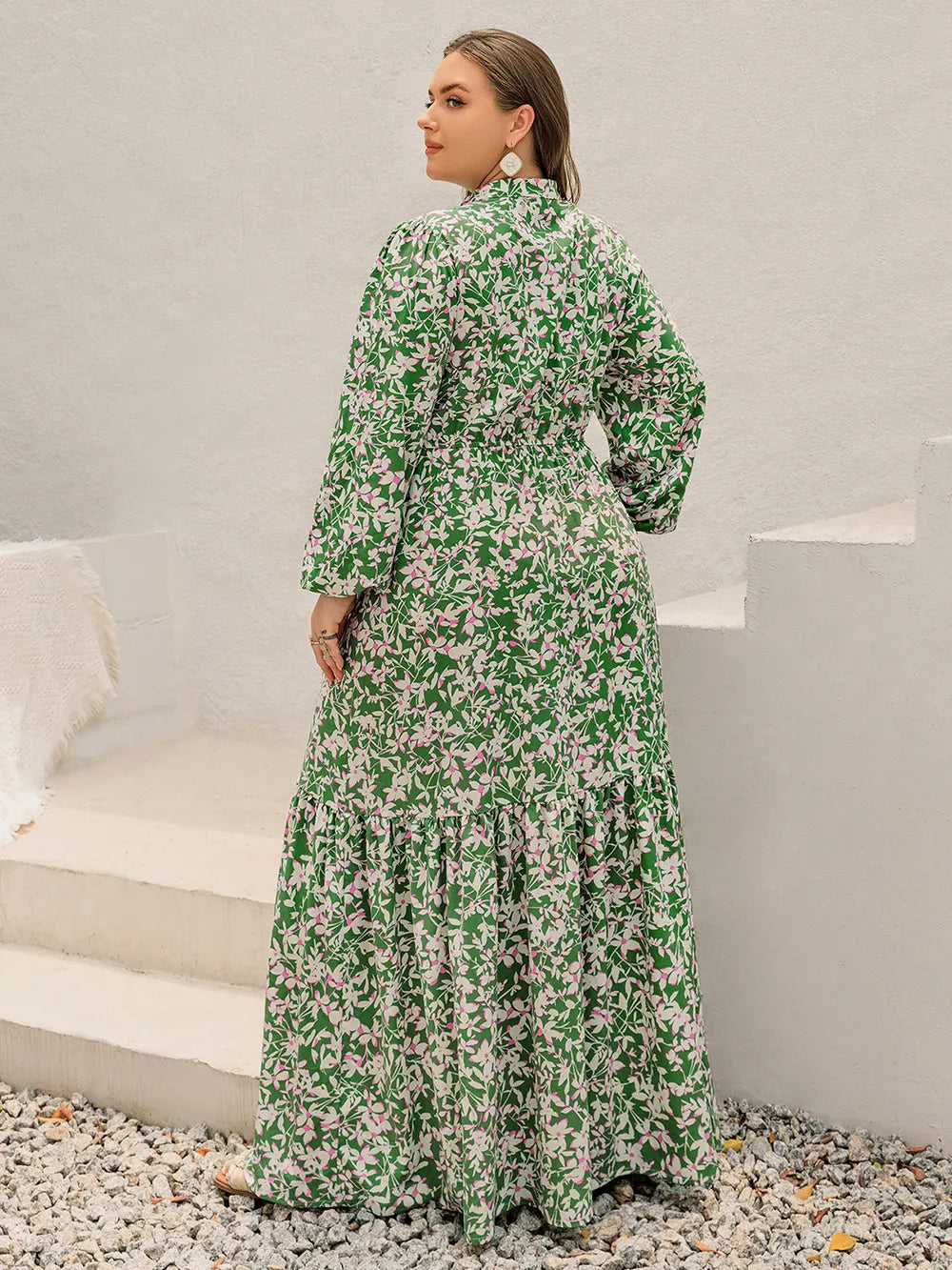 Plus Size Printed Notched Long Sleeve Maxi Dress - LoveNest Treasures