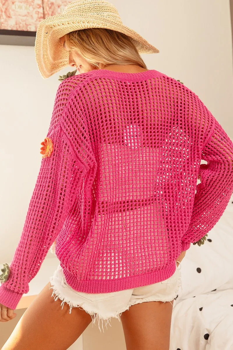 BiBi Flower Patches Open Knit Sweater Cardigan - LoveNest Treasures