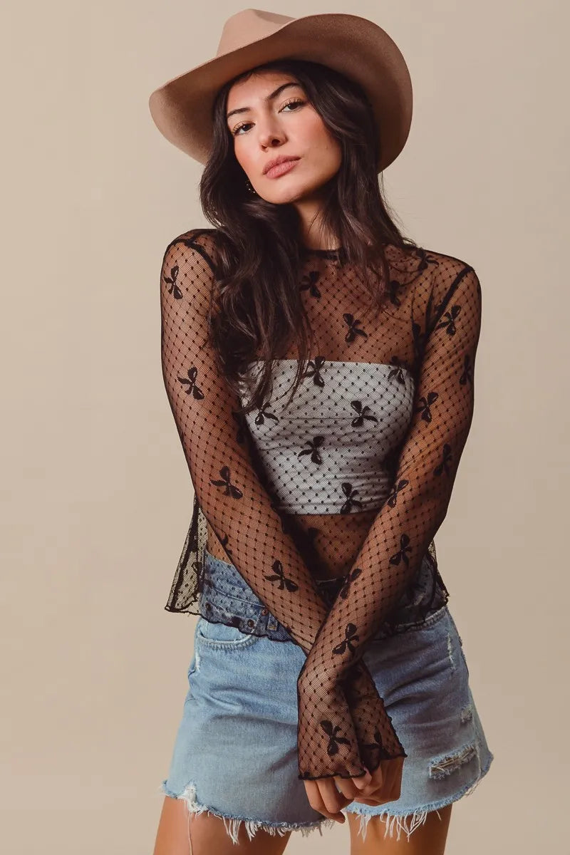 SO ME Bow Ribbon Pattern Sheer Lace Top - LoveNest Treasures