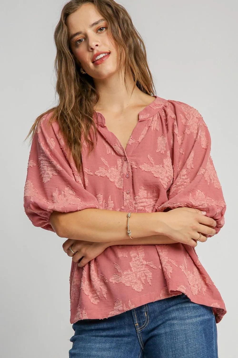 Umgee Full Size Notched Button Detail Half Sleeve Blouse Plus Size - LoveNest Treasures