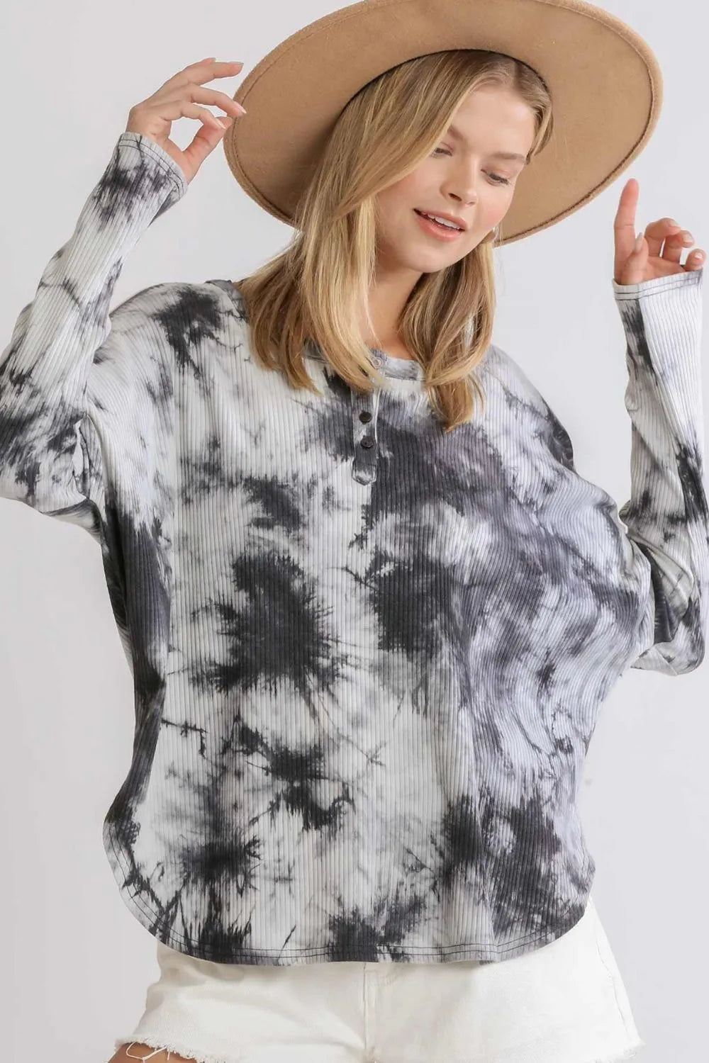 Umgee Full Size Tie Dye Round Neck Ribbed Button Front Top Plus Size - LoveNest Treasures