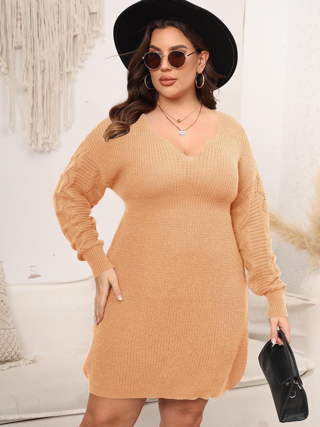 Plus Size Dropped Shoulder Long Sleeve Knit Mini Dress - LoveNest Treasures