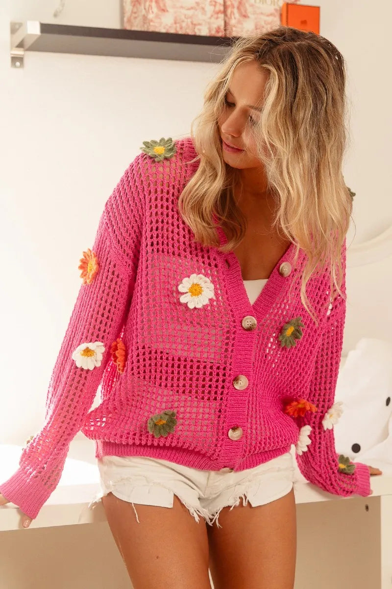 BiBi Flower Patches Open Knit Sweater Cardigan - LoveNest Treasures