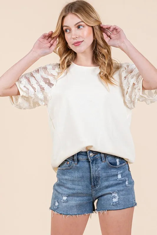 Lime 'N' Chili Full Size Lace Puff Sleeve Round Neck Top Plus Size - LoveNest Treasures