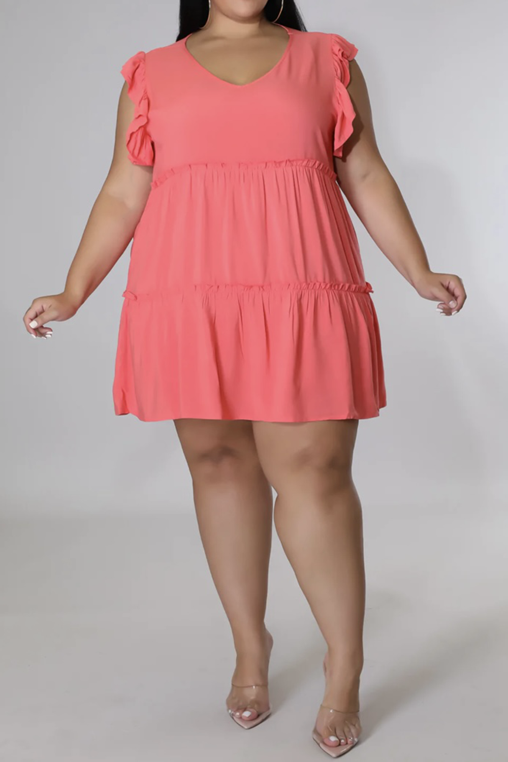 Plus Size V-Neck Frill Trim Mini Dress - LoveNest Treasures