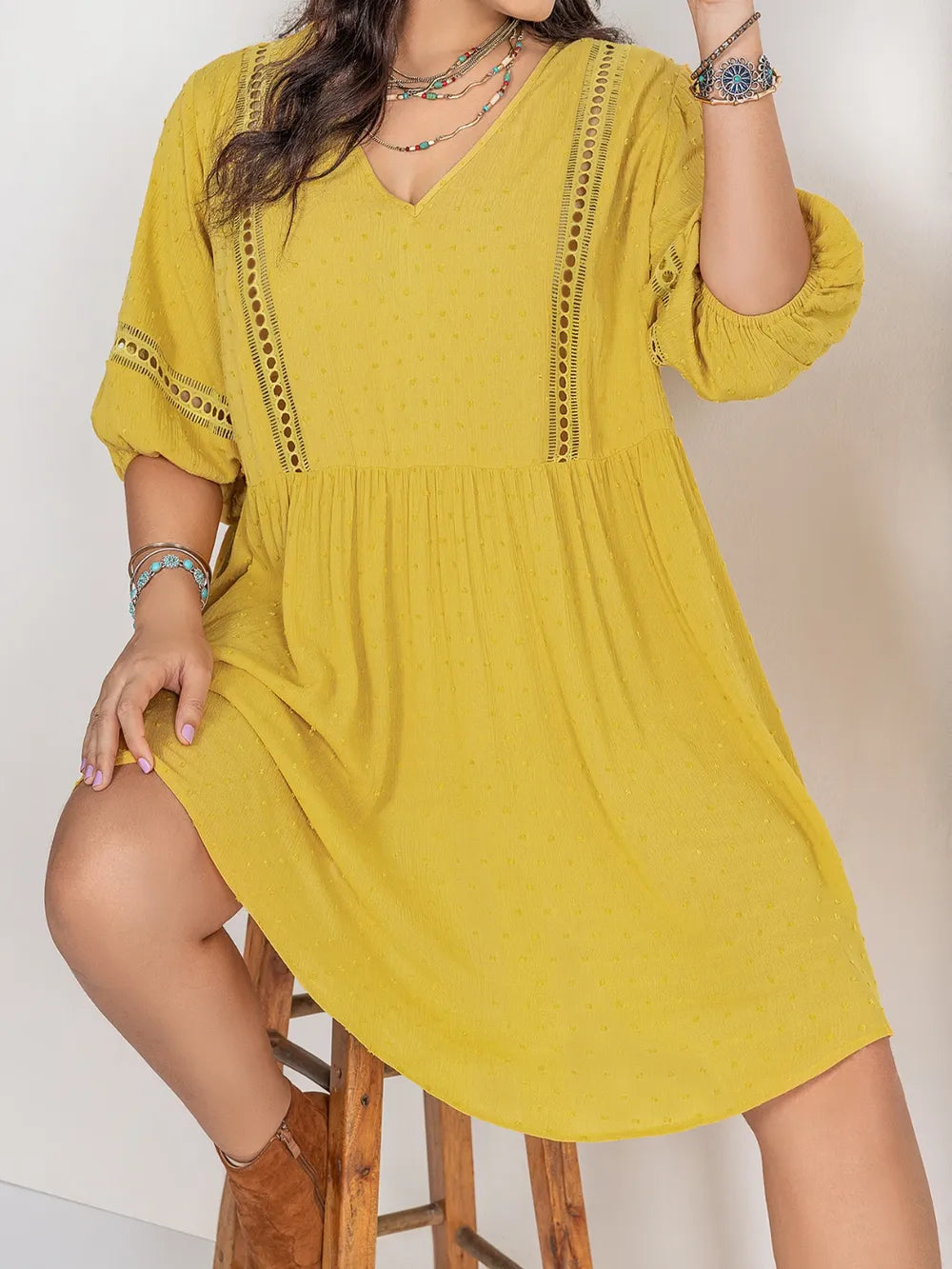 Plus Size Eyelet Swiss Dot Half Sleeve Mini Dress - LoveNest Treasures