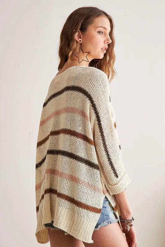 ADORA Full Size Multi Color Strip Sweater Plus Size - LoveNest Treasures