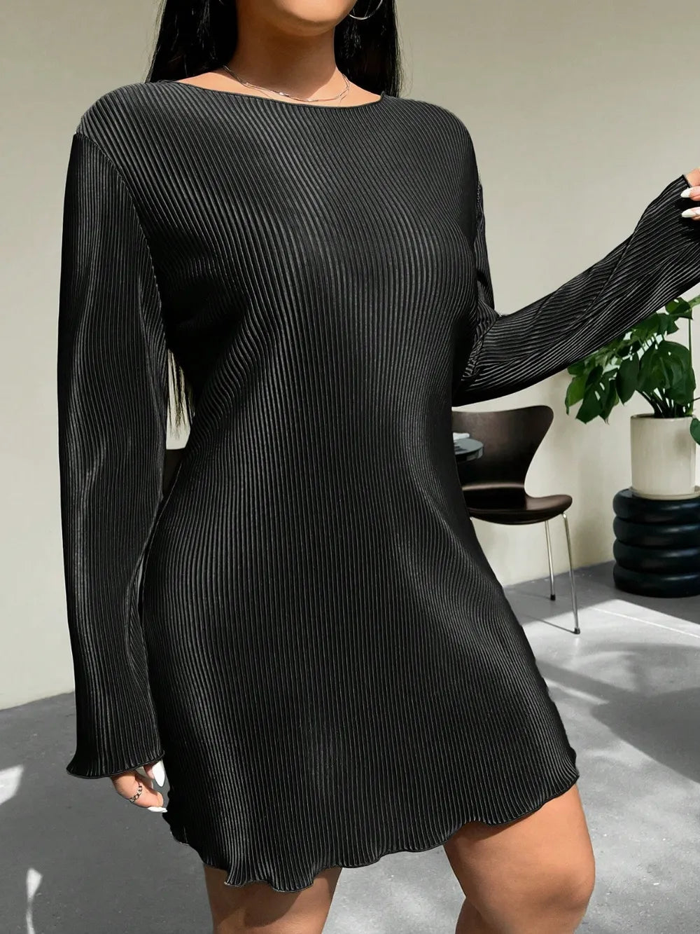 Honey Plus Size Lettuce Hem Round Neck Long Sleeve Dress - LoveNest Treasures