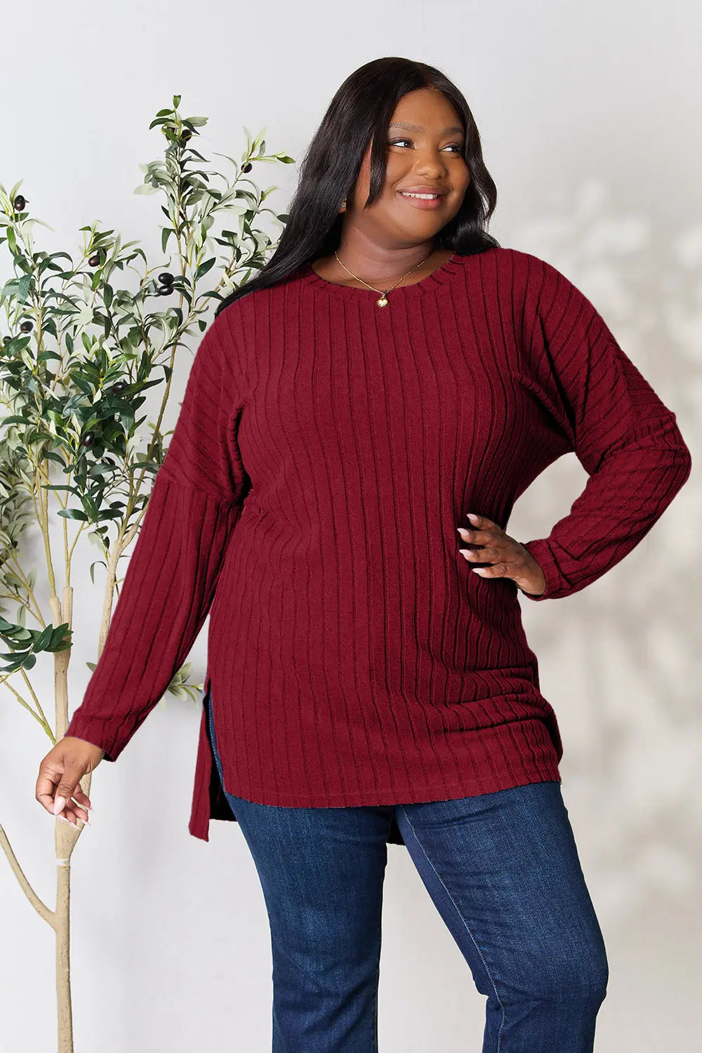 Basic Bae Full Size Ribbed Round Neck Long Sleeve Slit Top - LoveNest Treasures
