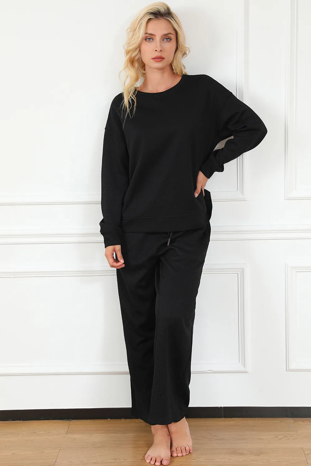 Double Take Full Size Textured Long Sleeve Top and Drawstring Pants Set - LoveNest Treasures