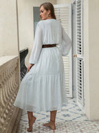 Plus Size Printed Tie Neck Long Sleeve Midi Dress - LoveNest Treasures