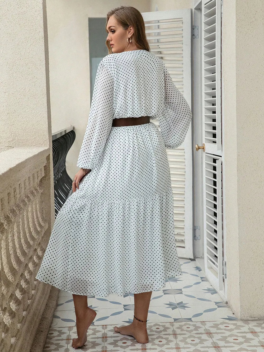 Plus Size Printed Tie Neck Long Sleeve Midi Dress - LoveNest Treasures