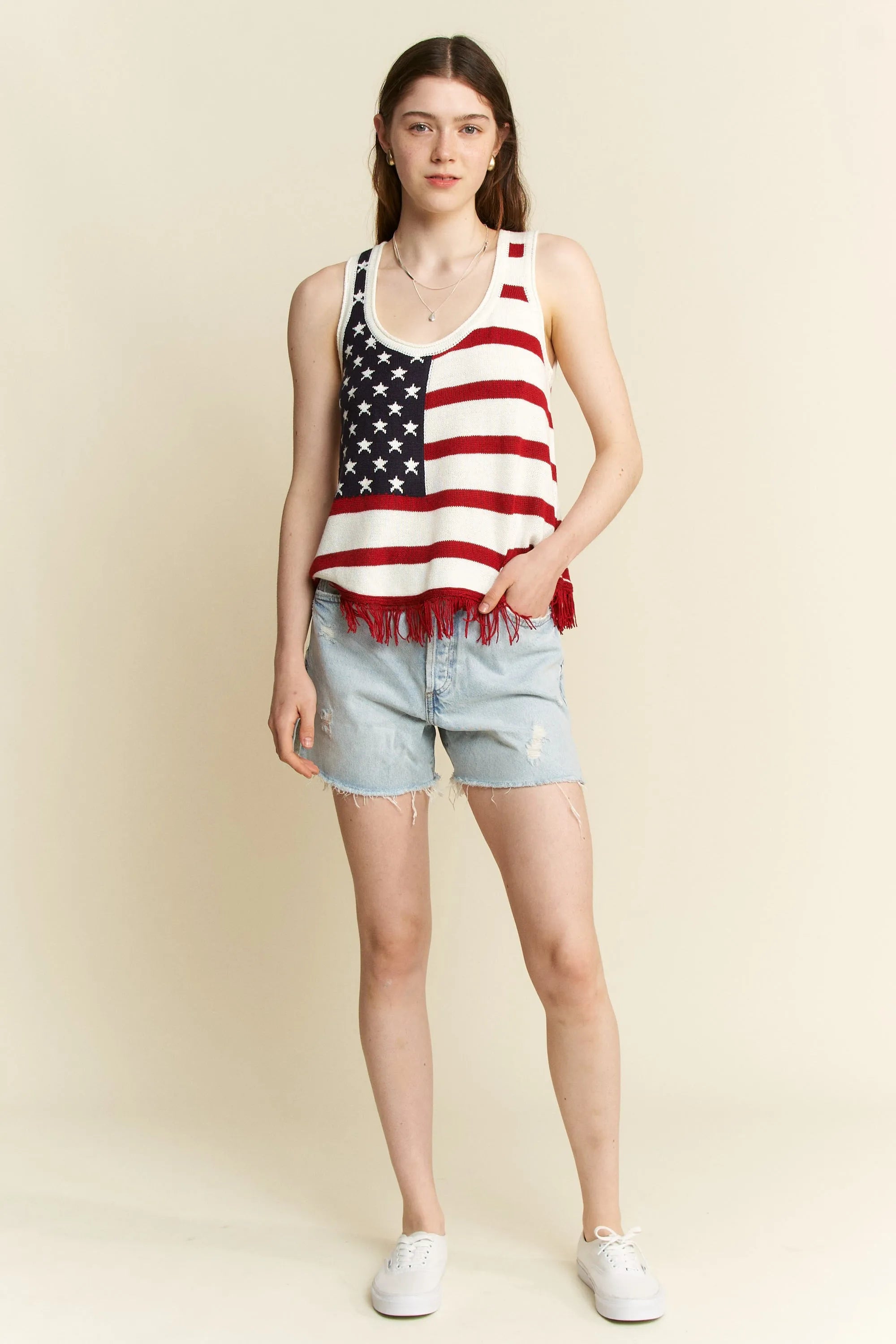 Jade By Jane Full Size American Flag Fringe Tank Top Plus Size - LoveNest Treasures