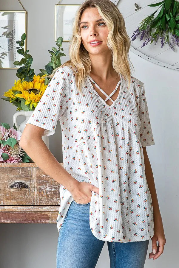 Heimish Full Size Crisscross Ditsy Floral Babydoll Top Plus Size - LoveNest Treasures