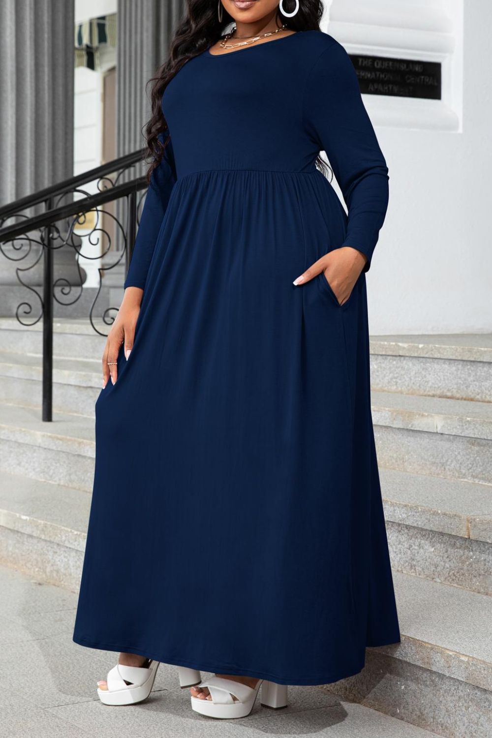 PerFee Plus Size Round Neck Long Sleeve Maxi Dress with Pockets - LoveNest Treasures