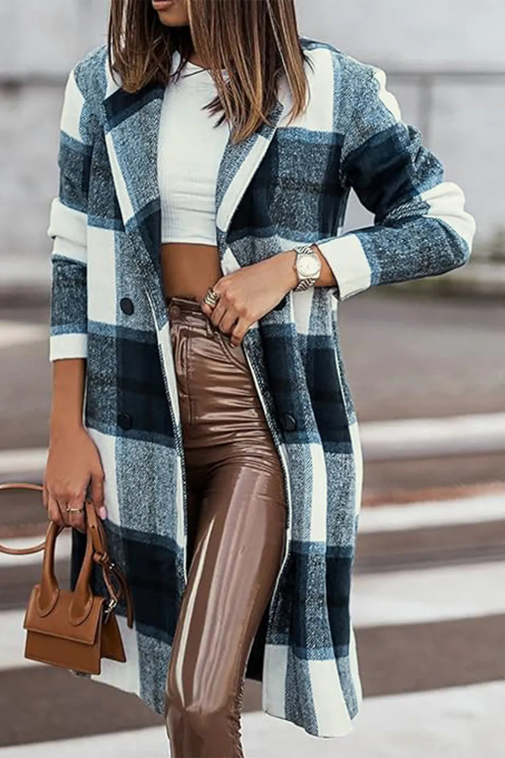 Double Take Full Size Plaid Button Up Lapel Collar Coat - LoveNest Treasures