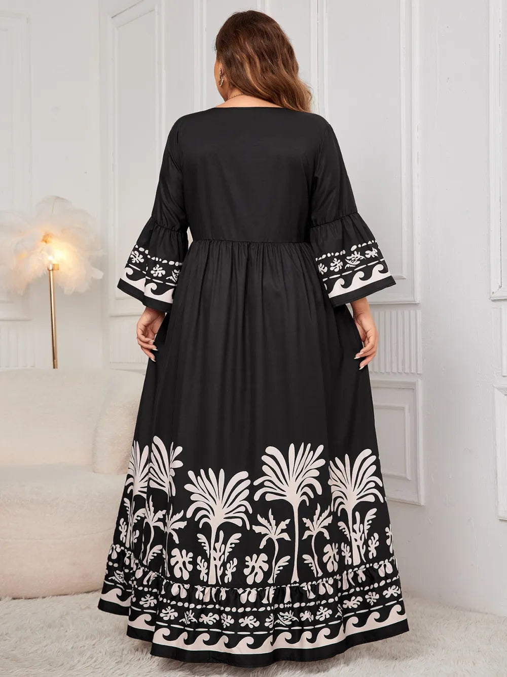 Honey Plus Size Printed V-Neck Long Sleeve Maxi Dress - LoveNest Treasures