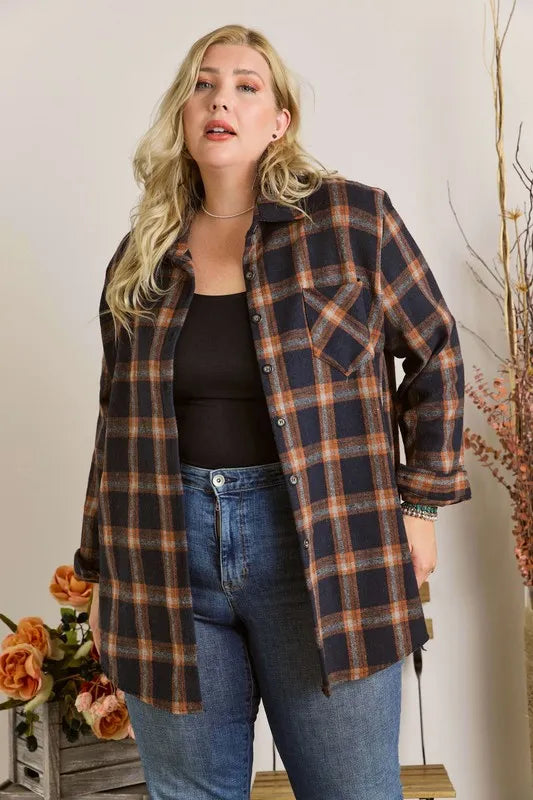 ADORA Full Size Button Down Flannel Shirt Plus Size - LoveNest Treasures