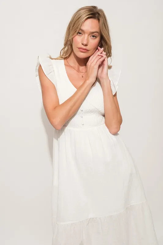 And The Why Ruffle Sleeve Front Smocked Tiered Midi Dress - LoveNest Treasures