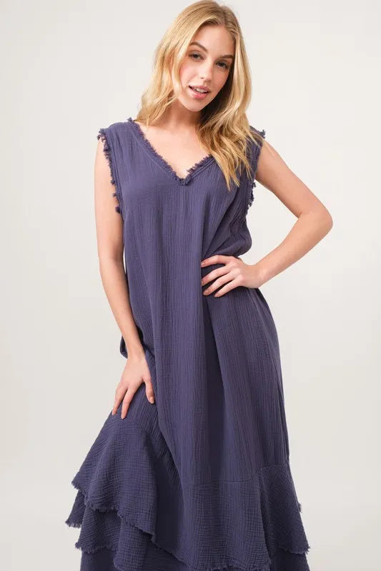 And The Why Washed Cotton Gauze Fringe Detail Tiered Dress - LoveNest Treasures