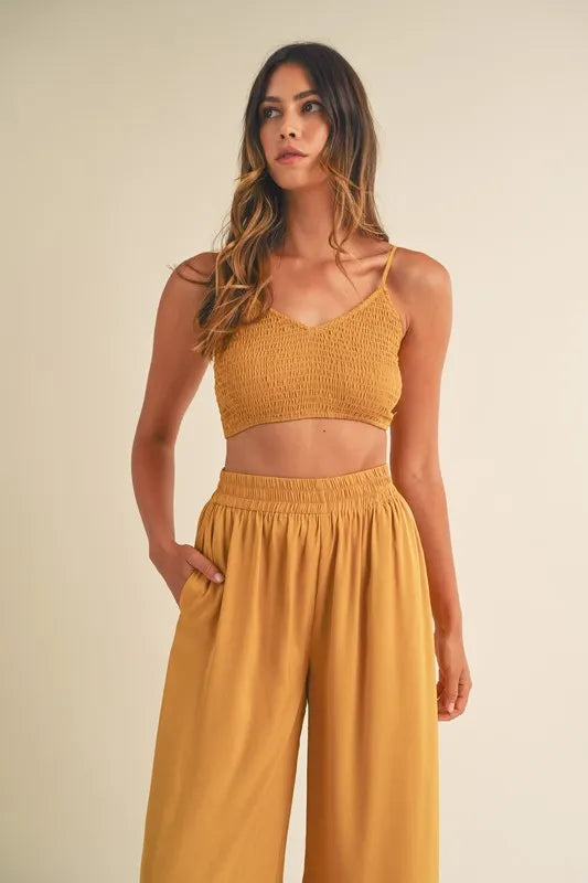 MABLE Smocked Bralette Crop Top and Wide Leg Pants Set - LoveNest Treasures