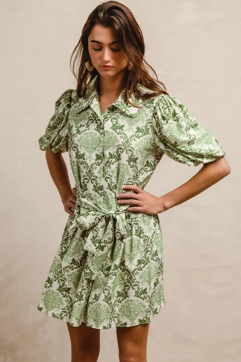 BiBi Tied Floral Short Sleeve Mini Shirt Dress - LoveNest Treasures