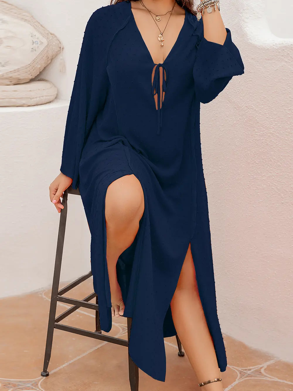 Plus Size Tie Neck Long Sleeve Slit Dress - LoveNest Treasures