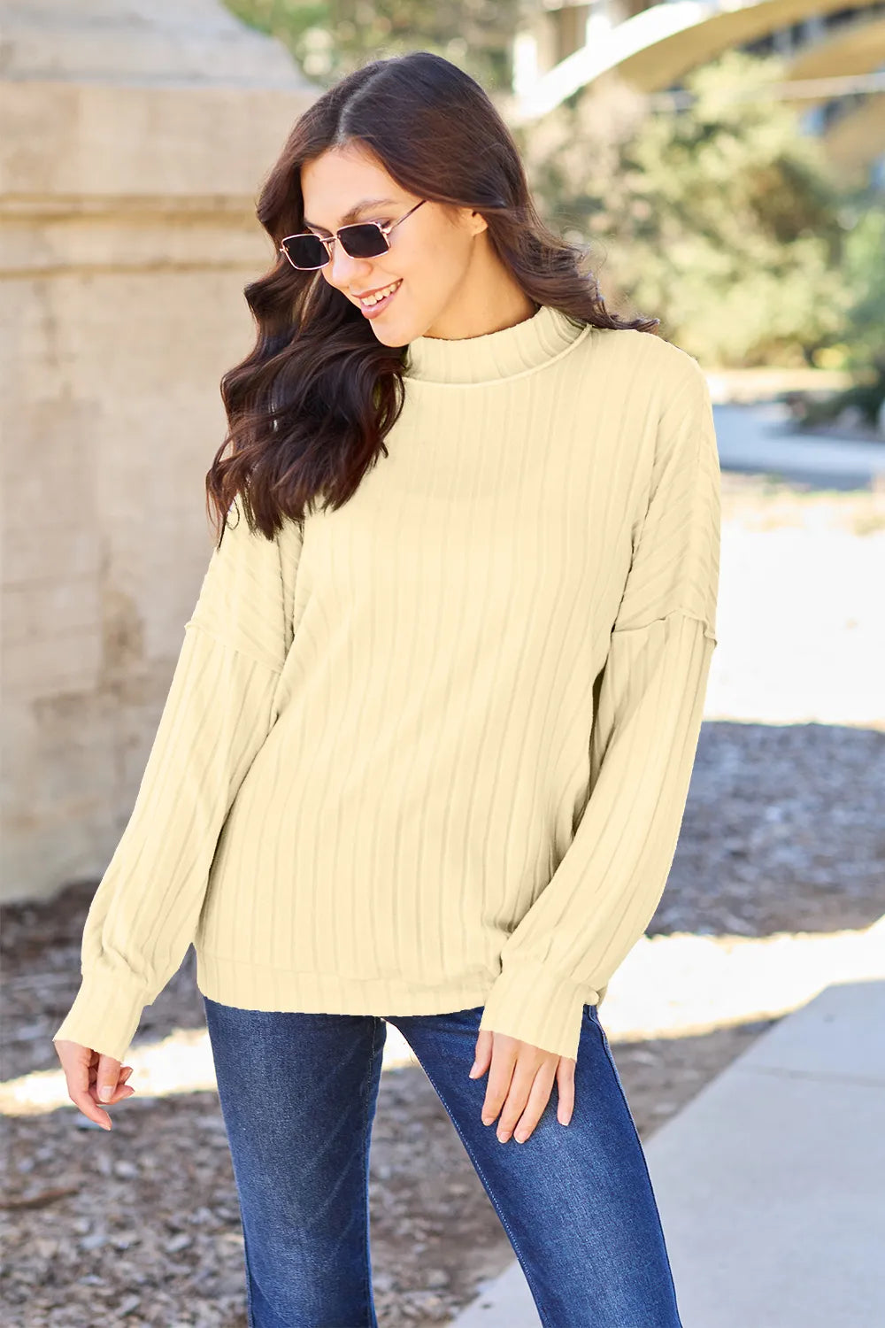 Basic Bae Full Size Ribbed Exposed Seam Mock Neck Knit Top - LoveNest Treasures