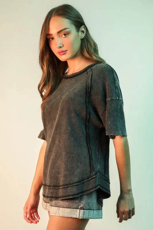 VERY J Full Size Mineral Washed Ribbed Knit Casual Top Plus Size - LoveNest Treasures
