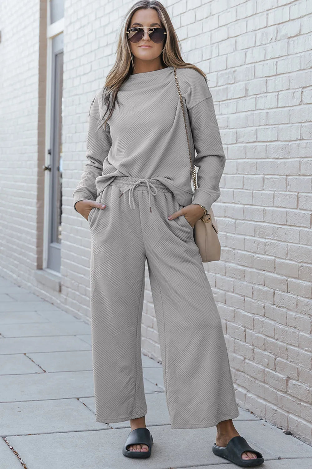 Double Take Full Size Textured Long Sleeve Top and Drawstring Pants Set - LoveNest Treasures