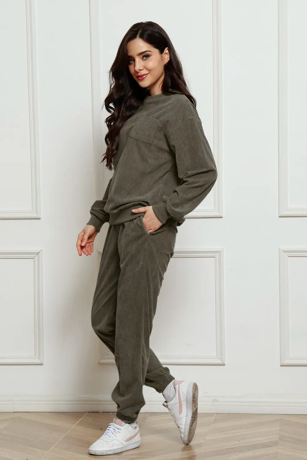 Corduroy Round Neck Sweatshirt and Sweatpants Set - LoveNest Treasures
