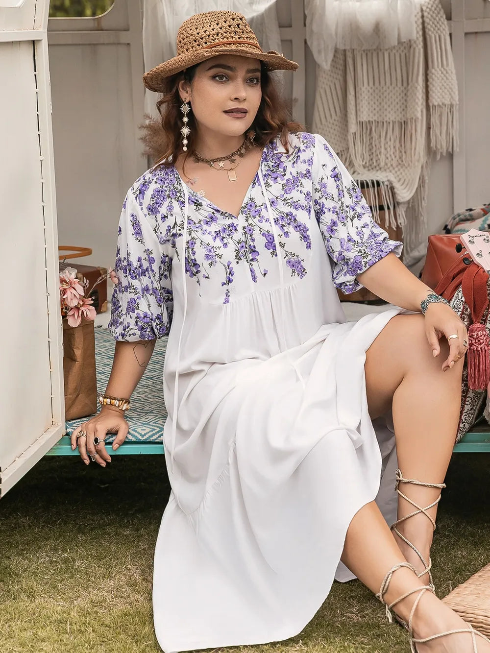 Plus Size Printed Tie Neck Half Sleeve Maxi Dress - LoveNest Treasures