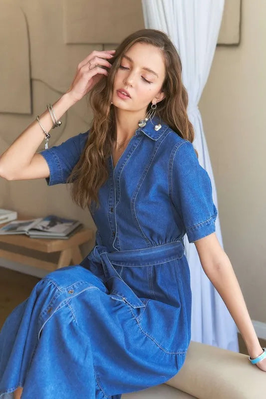 ADORA Tiered Button Down Tie Waist Short Sleeve Denim Dress - LoveNest Treasures