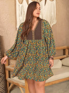 Plus Size V-Neck Balloon Sleeve Printed Mini Dress - LoveNest Treasures
