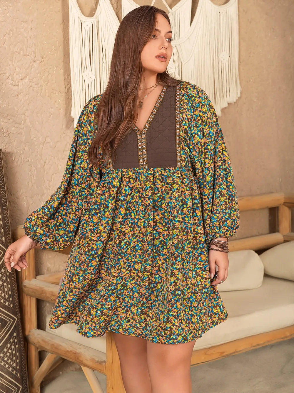 Plus Size V-Neck Balloon Sleeve Printed Mini Dress - LoveNest Treasures