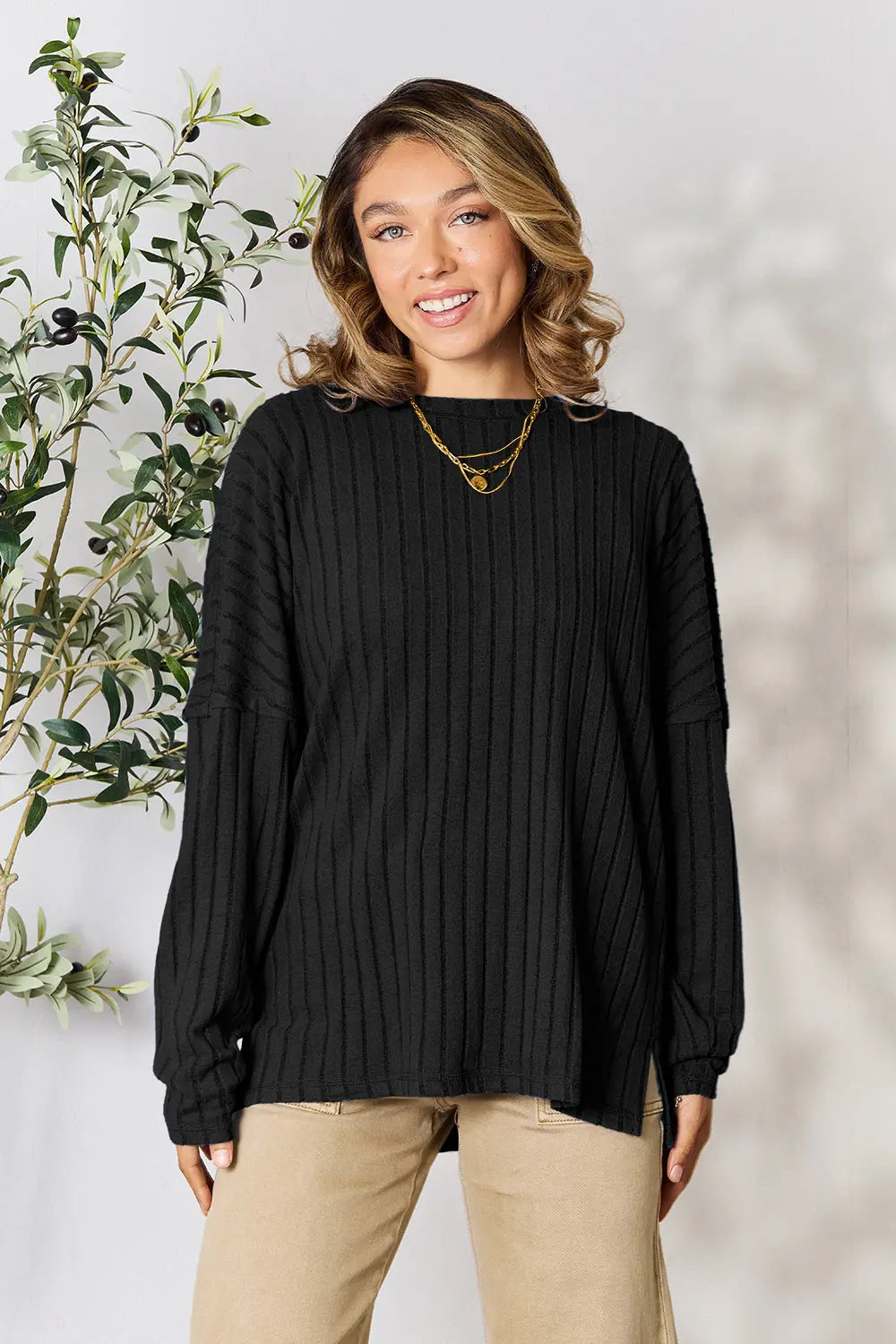 Basic Bae Full Size Ribbed Round Neck Slit Knit Top - LoveNest Treasures