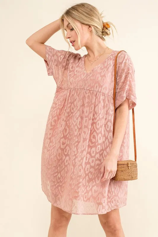 And The Why Woven Leopard Baby Doll Roll-Sleeve Casual Dress - LoveNest Treasures